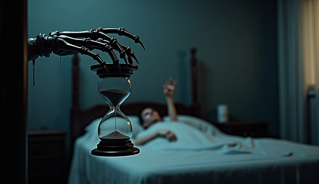 Hand of death turning an hourglass on a table, And in the background a man lying in a bed at midnight 