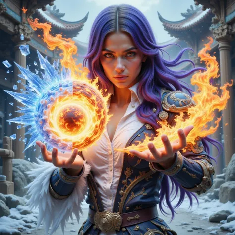 a very good-looking girl with a serious expression and with long dark purple hair ,  with an outstretched hand creates a sphere of ice and fire together the girl can be seen all well detailed and obsessive details ((((masterpiece))))