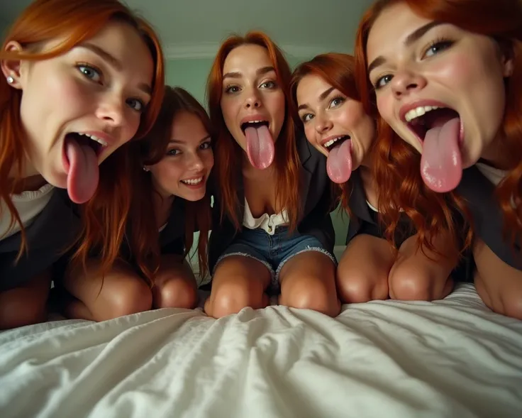 Pov selfie taken from low angle, medium shot, Six beautiful women with freckles, (mouth very wide open), long red hair in a french braid, (eyes open), wearing small tight closed blazer with no shirt or bra underneath and pleated miniskirt, kneeling on bed,...