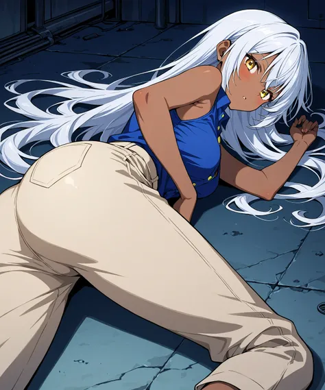 rear view of a Brown skin beautiful sexy anime girl with long silver hair & yellow eyes, wearing blue sleeveless button up collared shirt & beige khaki pants, laying on her stomach inside of a abandoned urban factory in a dark night sky, 1girl, solo