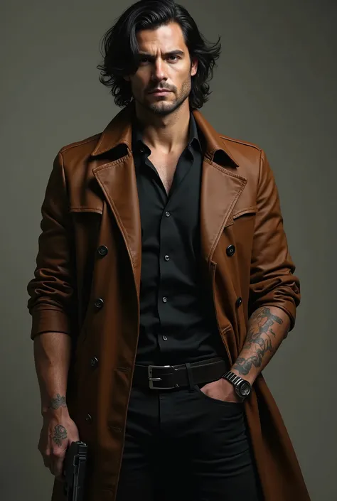 A beautiful man, he is strong and tall,  black hair, Big hair peaked , ele tem  black hair tamanho médio no ombro, He has a tattoo on his hand . He wears a black shirt,  he wears a brown leather overcoat.  A Glock on his lowered hand .  he looks like Miche...