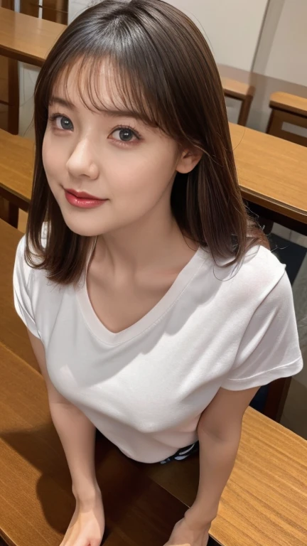  female 1 person,Lean forward , oversized t-shirt with shining eyes , perfect style,Chest, focus on bust ,, view from above, front view, super real, super high heels, top quality,8k, masterpiece, look inside the viewer, the bra is slightly visible 