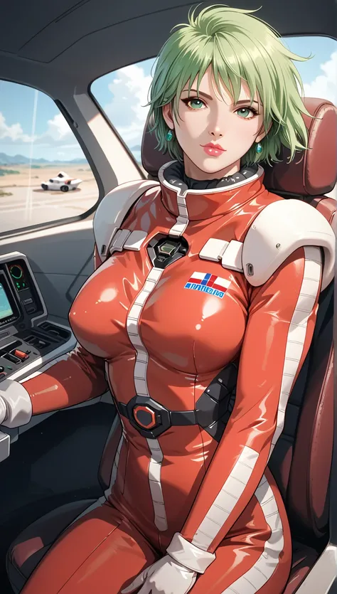 masterpiece, best quality, good quality, 1girl ,Alone,cowboy shot,standing,looking at viewer,(1990s \(style\):0.2), ainasahalim ,green hair,green eyes,short hair,lips,lipstick,large breasts,(smile:0.5),closed mouth,pilot suit, red suit、The background is co...