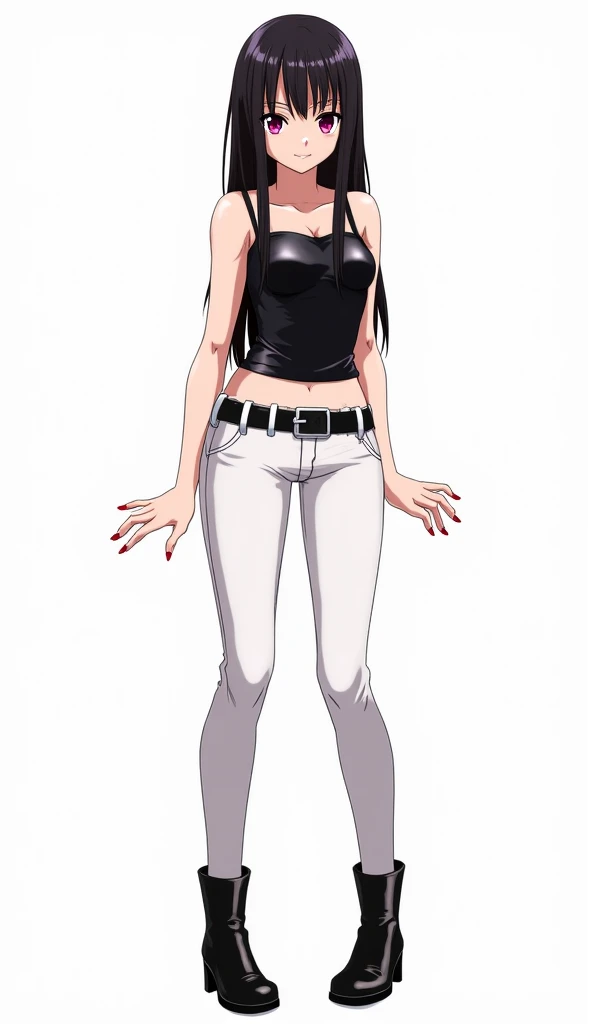 Japanese anime adolescent woman with long straight black hair and intense magenta eyes and red nails and wears a tight blouse made of material similar to leather or latex in black,  with thin straps . She also wears tight white pants , combined with a blac...