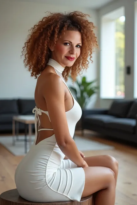 high resolution picture,side back photo,(full-length shot:1.4), 1woman, she has an athletic and slim body with white skin,she looks happy, she is slightly smiling, (her hair are shoulder length,brown-orange,very curly,3C hairstyle:1.5), she wears white esc...