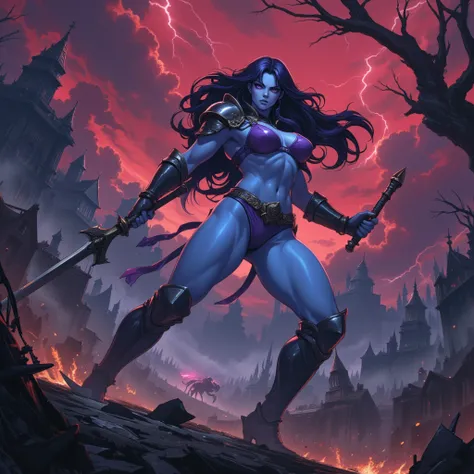 illustrate a curvy, dark fantasy female warrior with blue skin and long, voluminous dark purple hair. She wears purple bikini armor with an armored steel collar and steel shoulder pads, embellished with gold trim. Her face is intricately detailed, with lav...