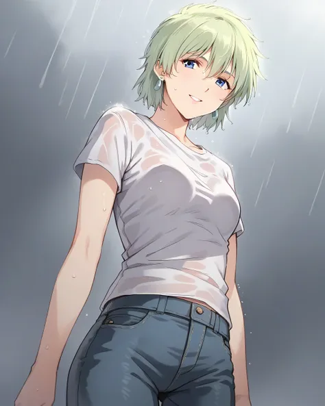  score_9, score_8_ up, score_7_ up, top quality, 4K, rating_safe,  VERY ESTHETIC,  source_Anime, 1 girl,
Aina Sakhalin, blue eyes, green hair, earrings, short hair,
 white t-shirt , jeans, denim , wet,sweat,,rain,
 dynamic angle,from below,cowboy shot, mak...