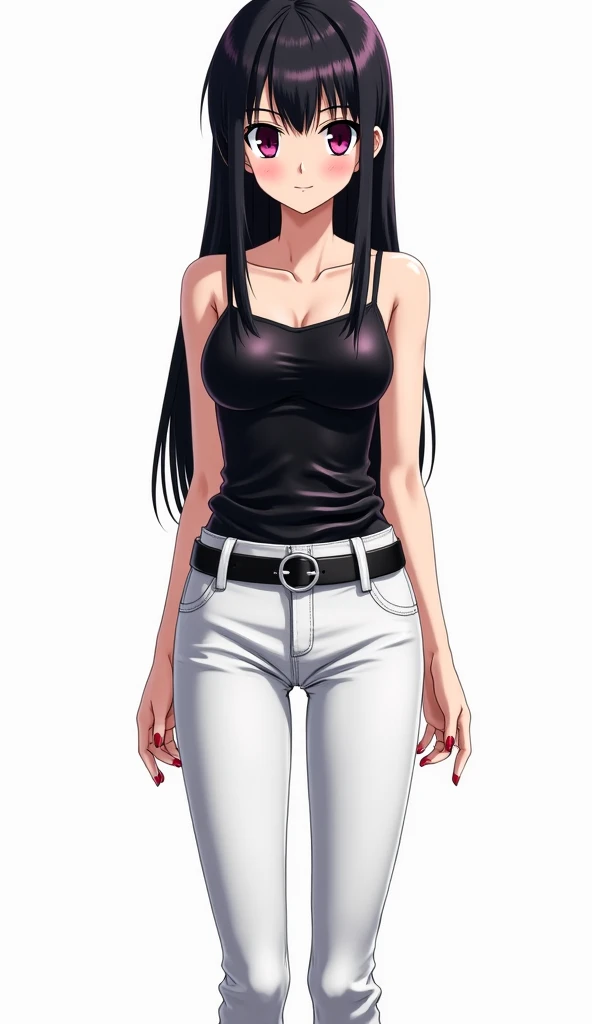 Japanese anime adolescent woman with long straight black hair and intense magenta eyes and red nails and wears a tight blouse made of material similar to leather or latex in black,  with thin straps . She also wears tight white pants , combined with a blac...