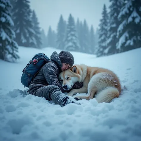 bird's eye view, a small figure of a man in winter clothes with a backpack, completely covered in snow, only his face and hand are visible, he lies curled up and hugging a large fluffy dog ​​completely covered in snow, they are sleeping on the slope of a s...