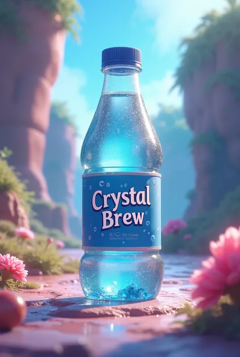  An animated water bottle that has "Crystal brew " on the label 