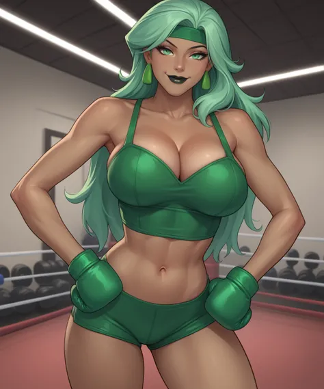 safe_pos, PonyXLV6_Scores BREAK ((parody)), perfect anatomy, cowboy shot) beatriz bonilla da costa, long hair, green hair, green eyes, dark-skinned female, lipstick, black lips, flirting, raised eyebrow, ((looking at viewer)), headband, earrings, cleavage,...