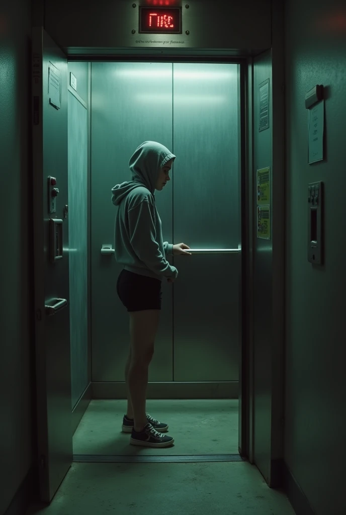 The view of an old security camera positioned inside the elevator shows a young woman wearing a hood and black shorts inside the elevator, her tense posture.   She presses buttons to the control panel. The elevator doors remain open, the atmosphere is oppr...