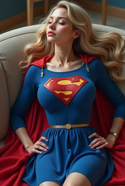 PHOTO REALISTIC. A SEXY VERY CUTE YOUNGER DELICATE BLONDE GIRL, HER BABY BLUE EYES GLISTENING IN THE SUNLIGHT, LARGE JUMBO INFLATED BREASTS, HAIR UP IN A ELEGANT FORM, GLASSES, WEARING A THICK BLUE CORDROY FABRIC SUPERGIRL DRESS COSTUME, LONG SKIRT AND A L...