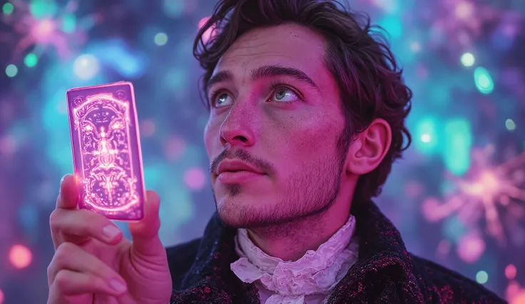 A close-up of a young man’s face, the intensity of the rave reflected in his wide, glowing eyes. His face is bathed in dynamic neon beams, coming from holographic creatures that swirl above him, casting colorful light across his features. His mouth is slig...