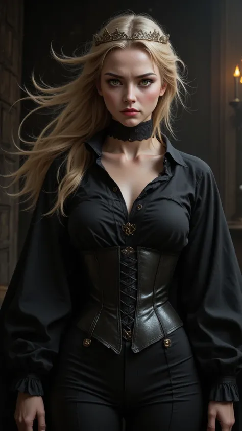 **"A strikingly beautiful young woman with flowing golden blonde hair stands in the dim light, her piercing green eyes filled with fury and defiance. Strands of her hair catch the wind, framing her sharp features. She wears a dark, medieval-inspired outfit...