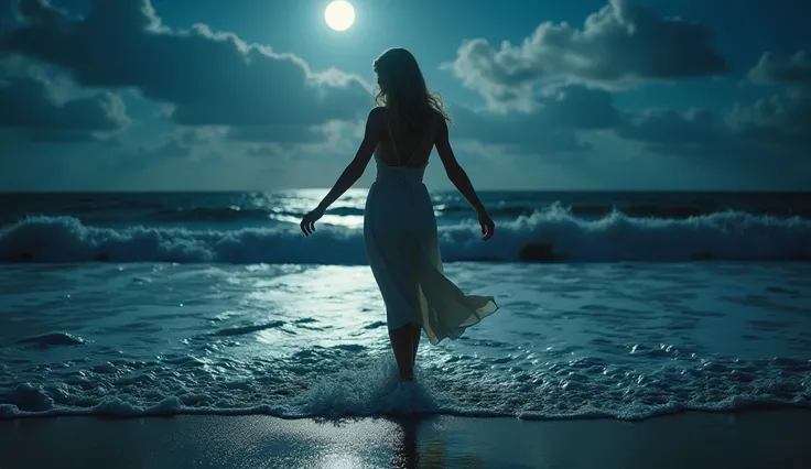 "Wide shot of Taylor Swift dancing on the beach under the moonlight, waves kissing her feet. Her long, toned legs are highlighted as she moves gracefully. She wears a flowing dress, her platinum blonde hair shimmering in the moonlight. The scene is peacefu...