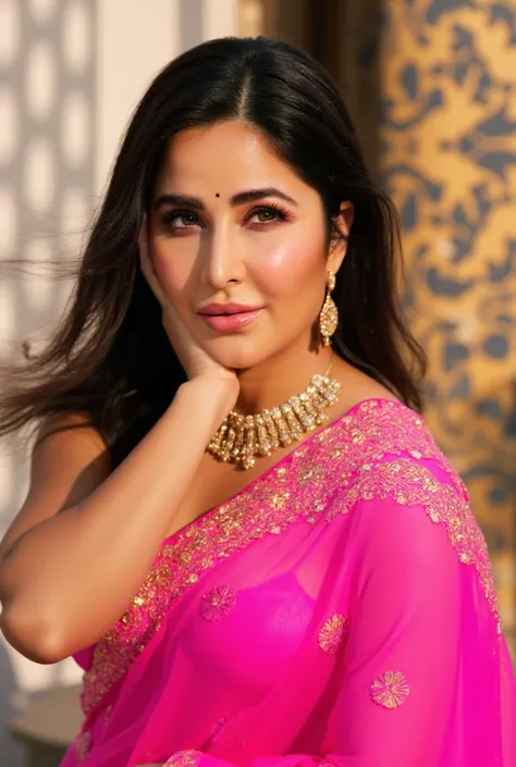 A gorgeous woman in a vibrant pink saree, detailed facial features, intricate saree pattern, ornate jewelry, serene expression, flowing hair, natural sunlight, ornamental background, photorealistic, detailed, award-winning digital art, cinematic lighting, ...