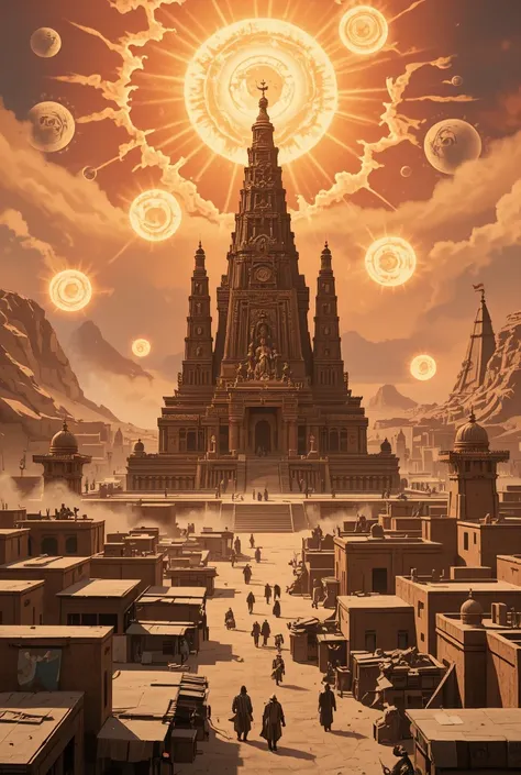 a temple in the center of a city in the desert where 7 suns appear in the sky