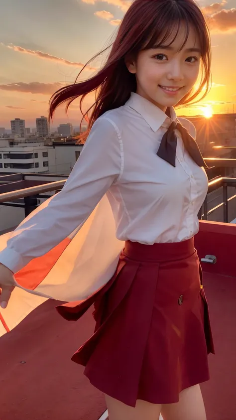  masterpiece,   top quality  ,1 person,1,   cowboy shooting,   FRONT MAP  ,Young and cute Japan,(  Well-balanced  :1.3),  小さなsmile  ,Lunch Break,(rooftop),((Bright Red Sunset:1.5)) ,(In the Wind :1.5),(   type   :1.5),(  skirt flipping :1.5),******  girl &...