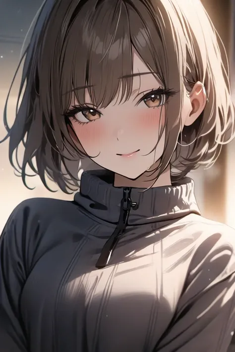 top quality, masterpiece,  Hi-Res, 8k, (1 girl), Alone, (((face shot))),   brown hair short hair,  cold smile