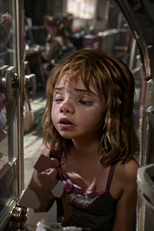 Sci-Fi and horror film: Room with a labyrinth of mirrors in an amusement park with the reflection of a chubby, freckled red-haired girl with a tan lost in different versions of the girl stalking behind glass to nap her and take her to the other side of the...