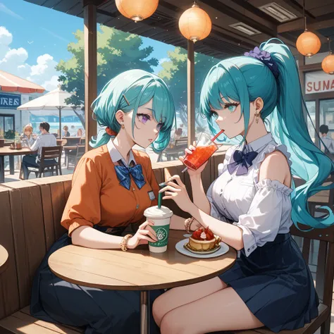 Anime two friends, anime woman ,long turquoise hair ponytail,, turquoise eyes, with anime woman, short navy  wivy hair, sharp purple eyes, summer clothes sitting in a cafe, drinking iced coffeeدقة عالية, عمل رائع, دقيق, 