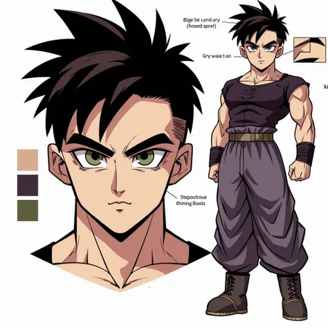 Make a transformation for this young character with smart, wide-cut hair shining intensely black on top ,  With the shapes of bright rays shining intensely powerful intense  ,  with intense bright red orange hair  .  With glowing purple eyes with fiery blu...