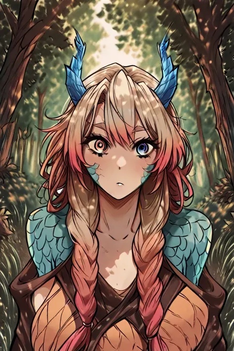  a tall woman, pale,  colored hair ,  eyes with heterochromia,  marks on her face in the form of scales , wearing a hunter's outfit,  she has the features of a dragon, like a long tail with scales , blue horns on head.  She is in the forest at dusk . anime...