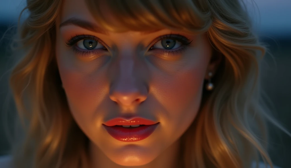 Close-up of Taylor Swift's eyes filled with the promise of no more goodbyes. Her expression is serene and hopeful, and her eyes sparkle with determination. The moonlight casts a gentle glow on her face, highlighting her fair, légèrement bronzée skin and fe...