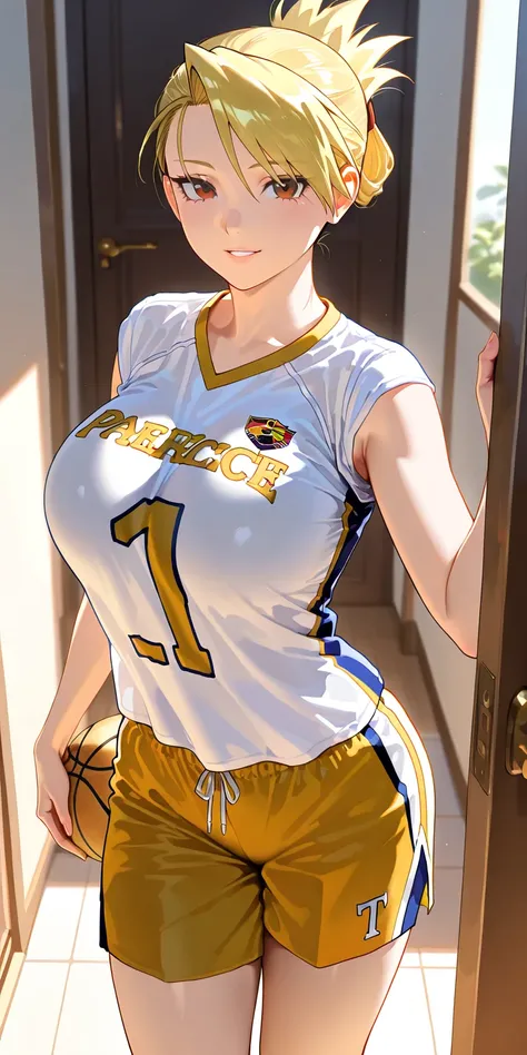 Masterpiece, newest, vibrant, very aesthetic, high contrast, mature woman, riza hawkeye, high ponytail short hair, yellow basketball team t-shirt uniform, yellow basketball team short pants uniform, white sneakers, perfect 
big breast, full body, parted li...