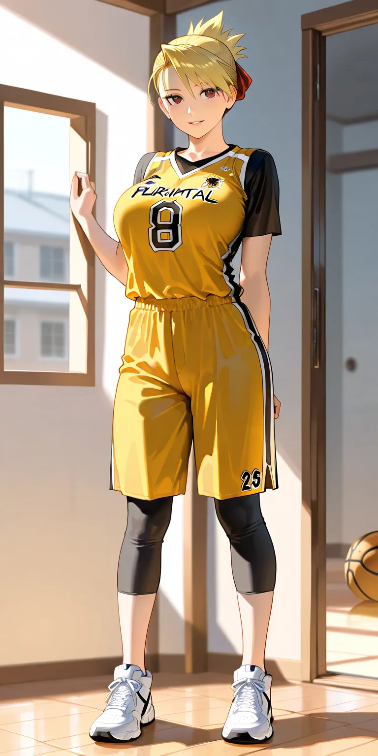 Masterpiece, newest, vibrant, very aesthetic, high contrast, mature woman, riza hawkeye, high ponytail short hair, yellow basketball team t-shirt uniform, yellow basketball team short pants uniform, white sneakers, perfect 
big breast, full body, parted li...