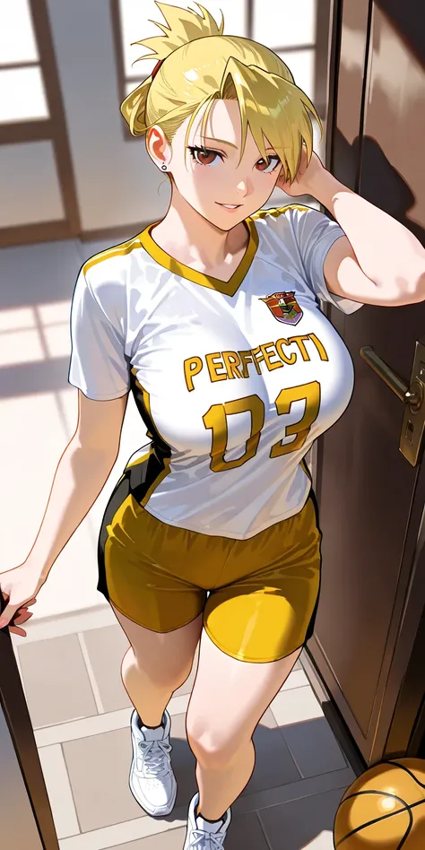 Masterpiece, newest, vibrant, very aesthetic, high contrast, mature woman, riza hawkeye, high ponytail short hair, yellow basketball team t-shirt uniform, yellow basketball team short pants uniform, white sneakers, perfect 
big breast, full body, parted li...