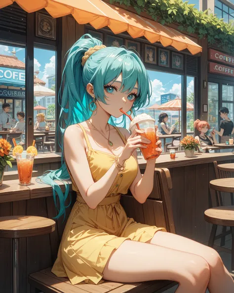 , anime woman ,long turquoise hair ponytail, turquoise eyes,summer yellow clothes, sitting in a cafe, drinking iced coffeeدقة عالية, عمل رائع, دقيق,  