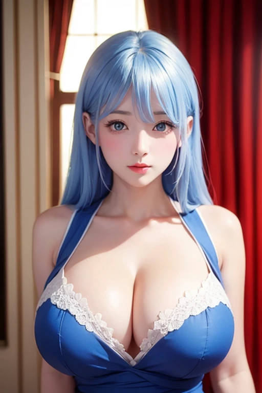 Sylph ,  long _hair,  1girl , blue_ eyes, blue_hair,  alone ,  face,  large _ breast,   a woman wearing a dress ，hair上有一朵blue的花, ,  Fraction _9,  Fraction _8_up,  Fraction _7_up, , (( High Resolution 1 .9)),((high quality 1.9)),((High Detail 1 .9)),(( Mast...