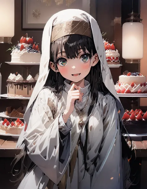  Prohibited bibliography,  green eyes,  Lantern,  long hair,break habit,  Long Sleeve,  nun, Robe, white Robe,  wide sleeve  , Long Skirt ,smile,blush, open your mouth, is standing,Cake buffet,whole bodyがイラストに入るように,                                         ...