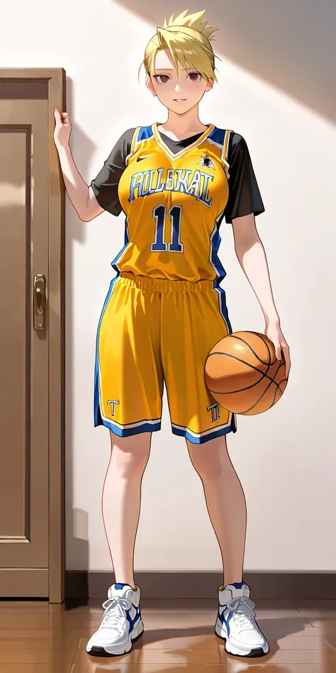 Masterpiece, newest, vibrant, very aesthetic, high contrast, mature woman, riza hawkeye, high ponytail short hair, basketball uniforms (yellow basketball team t-shirt uniform, yellow basketball team short pants uniform), white sneakers, perfect 
big breast...