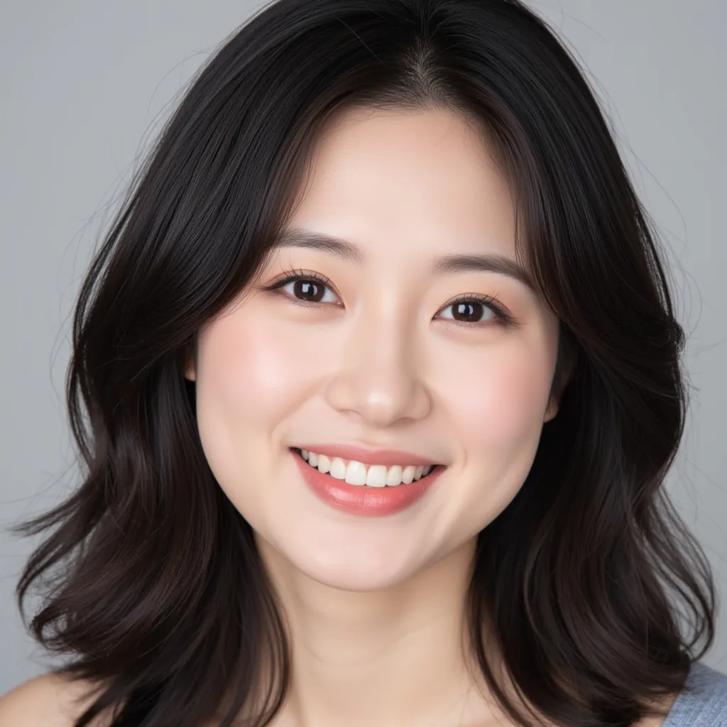 "A 40-year-old beautiful Japanese woman with a soft, round face and a healthy, slightly plump appearance. Large, almond-shaped eyes with upward-tilting outer corners and long eyelashes. A small, rounded nose with a short bridge. A warm, gentle smile that g...