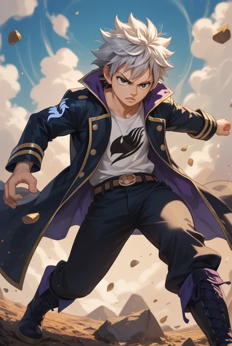 A young male mage from Fairy Tail, with short black messy hair with silver highlights. Heterochromatic eyes (one is golden and one is purple) wearing a black and gold coat, dark pants and fighting boots