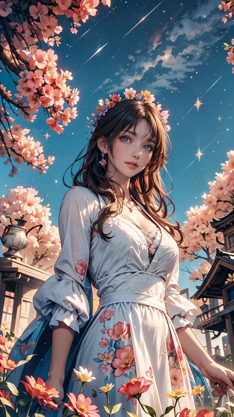 There is a girl Standing in a flower field looking up at the sky, a girl Standing in a flower field, ,  lost in a dreamy wonderland, Standing in a flower field, fantastic digital painting, The sky gradually cleared, The starry sky is gradually々Moving away ...