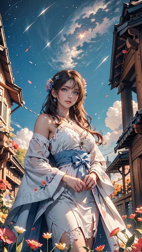 There is a girl Standing in a flower field looking up at the sky, a girl Standing in a flower field, ,  lost in a dreamy wonderland, Standing in a flower field, fantastic digital painting, The sky gradually cleared, The starry sky is gradually々Moving away ...