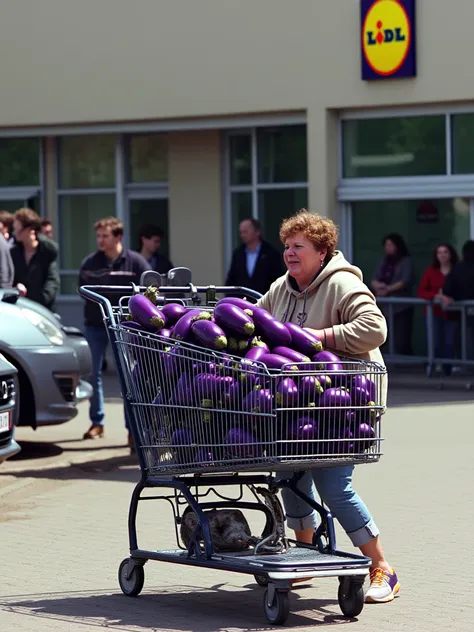 "Ultra-realistic 8K HDR image, a woman, wearing casual jeans and a hoodie, pushing a shopping cart overflowing with eggplants in a Lidl parking lot. The scene captures a hilarious and absurd moment, with people in the background reacting differently—some l...