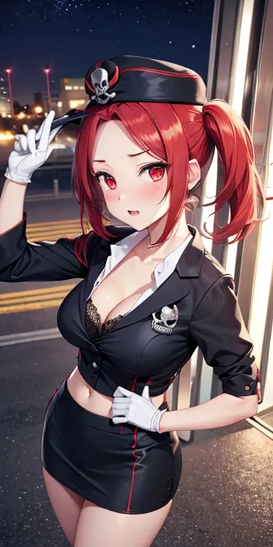  1 female, high definition, High resolution ,  ultra-realistic  ,8K,1 girl, Alone ,  red hair,  red eyes,   twin tails,  employee uniform, Pencil skirt,  Skull print , Navy cap, fang, black clothing for the legs,  white gloves,European,sexy, Close-up of th...