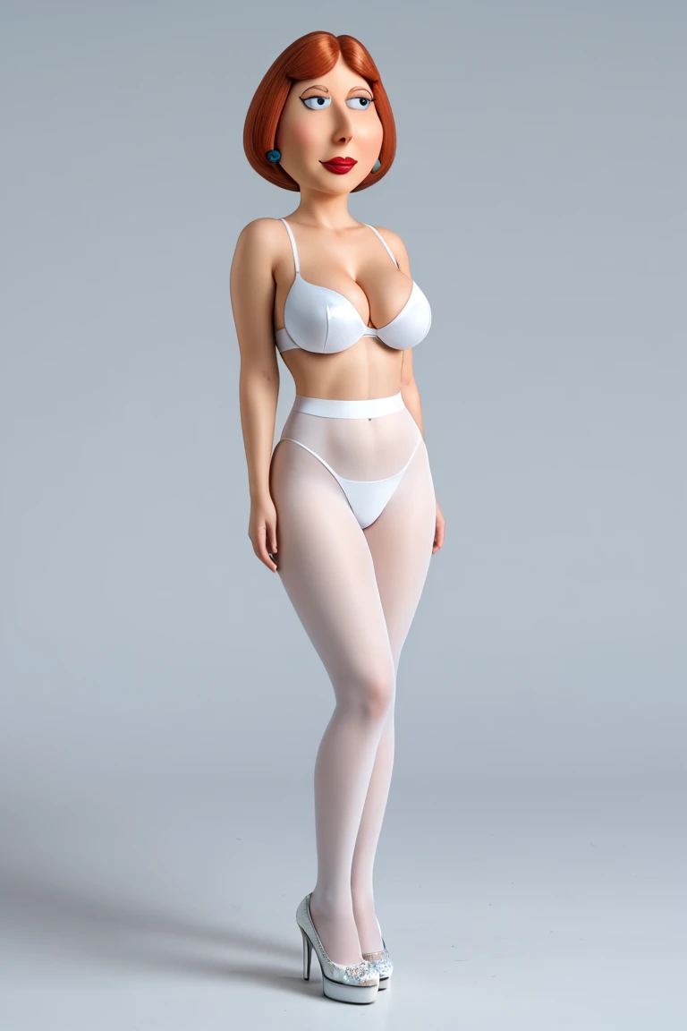 Full body shot, large full natural breasts, curvy thick body, beautiful, white patent high heel shoes, skimpy white transparent outfit, white pantyhose, Lois Griffin dressed as an angel