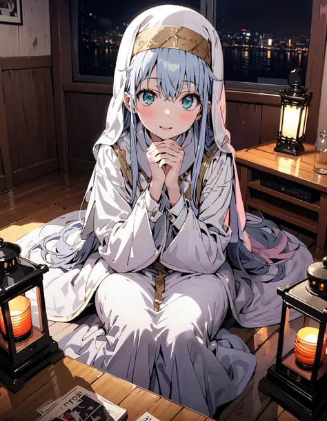  Prohibited bibliography,  green eyes,  Lantern,  long hair,break habit,  Long Sleeve,  nun, Robe, white Robe,  wide sleeve  , Long Skirt ,smile,blush, open your mouth,,A heart-shaped present is placed on the table,Cheek resting on hand, Sitting,tv set, In...