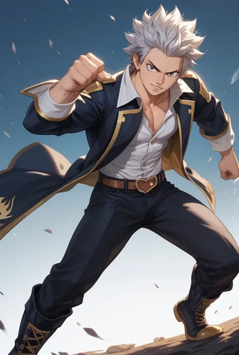 A male mage in his early 20's from Fairy Tail, with short black messy hair with silver highlights. Heterochromatic eyes (one is golden and one is purple) wearing a black and gold coat, dark pants and fighting boots. The guild tatoo is silver colored on his...