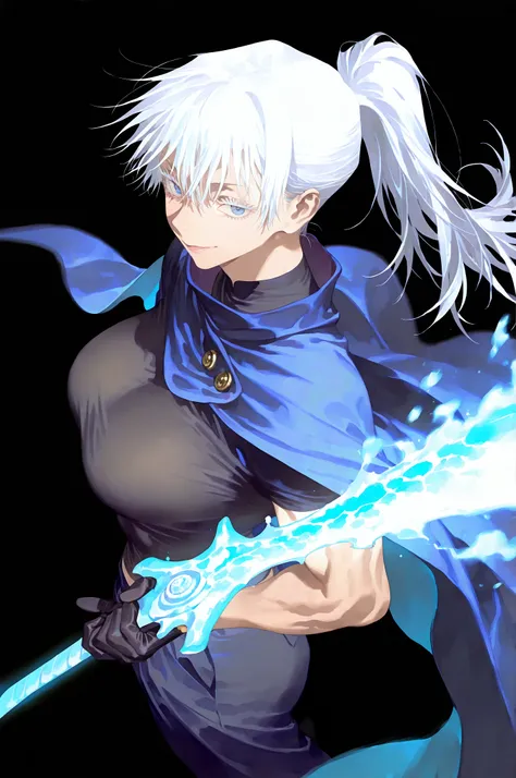 1girl, gojo satori, jujutsu kaisen, blue eyes, white eyelashes, white hair, long hair, hair between eyes, large breasts, toned body, ponytail, rei \(sanbonzakura\), from above, from side, foreshortening, black gloves, Male Fantasy Clothes, cape on shoulder...