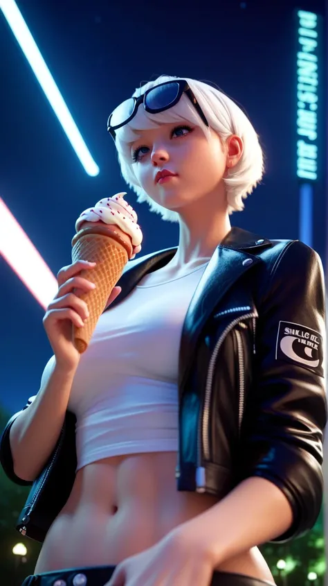 Beautiful girl with short hair and white hair, glasses on the head,  eats ice cream in Luna Park.  leather jacket, white top. Night, it is illuminated by amusement lights,  depth of field,  first-person perspective, f/1.8, 135 mm , NIKON, UHD,  retina,  Ma...