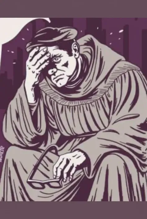 Make an image in an animation style of Martin Luther with an expression of disappointment while touching his forehead with his hand 