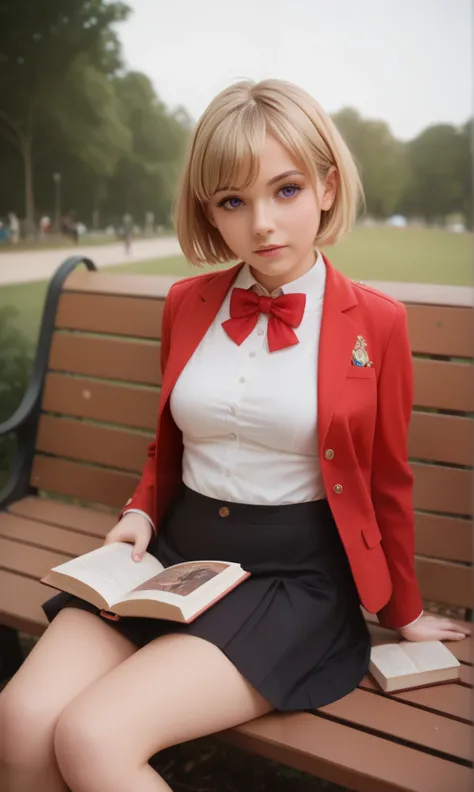 core_9, score_8_up, score_7_up, BREAK, source_real, raw, photo, amateur, young woman,(( red blazer jacket, white undershirt, black skirt, red bow tie, uniform)) rating_safe, (( 18 year old young woman, sitting on park bench, reading book)), (( blonde hair,...