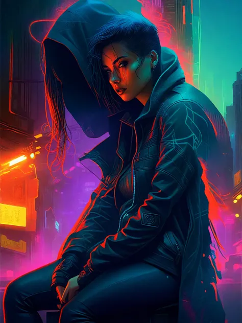  next to a man in a hooded jacket is a woman on her knees,  stylized urban fantasy artwork, book cover , Cyberpunk Dark Fantasy art,  in a cyberpunk setting ,  cyberpunk digital painting ,  Horror cyberpunk , Cyberpunk Dark Fantasy,  shadow runs a splash o...